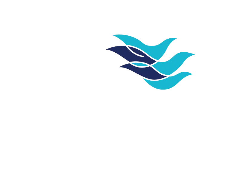 Selo da WCA World, a maior rede de transitários independentes do mundo, composto por um composto de formas de onda em azul claro e escuro na lateral superior direita e 'WCAworld' abaixo em branco, representando a associação global de transitários independentes.