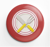 Um botton circular com um fundo vermelho e um prato branco no centro, com uma faca e um garfo cruzados no meio. Os utensílios têm alças amarelas e são colocados em cima do prato, simbolizando a ação de almoço comunitário.